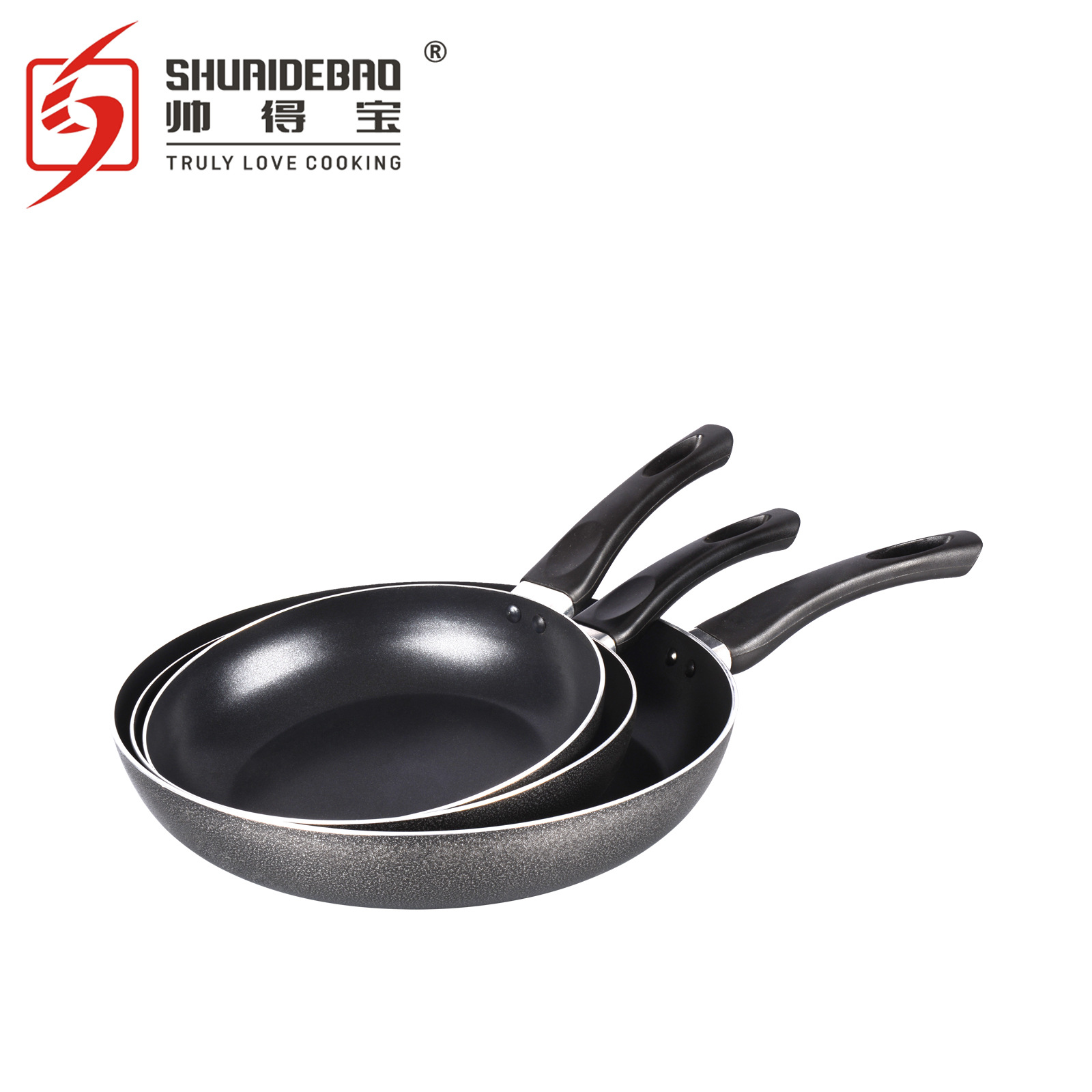 Shuaidebao exportación original de aluminio de 2,5mm de plástico negro de pulverización sartén antiadherente pan 16-32cm