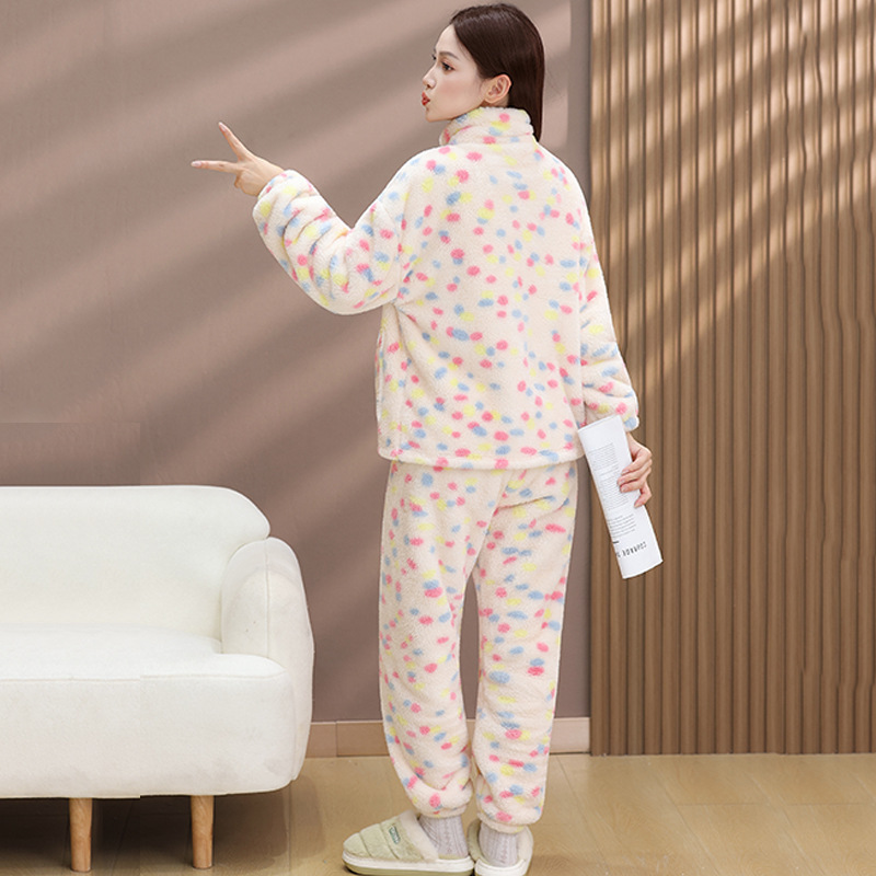 珊瑚绒睡衣女秋冬款加厚立领拉链装彩虹波点法兰绒家居服套装外穿|undefined