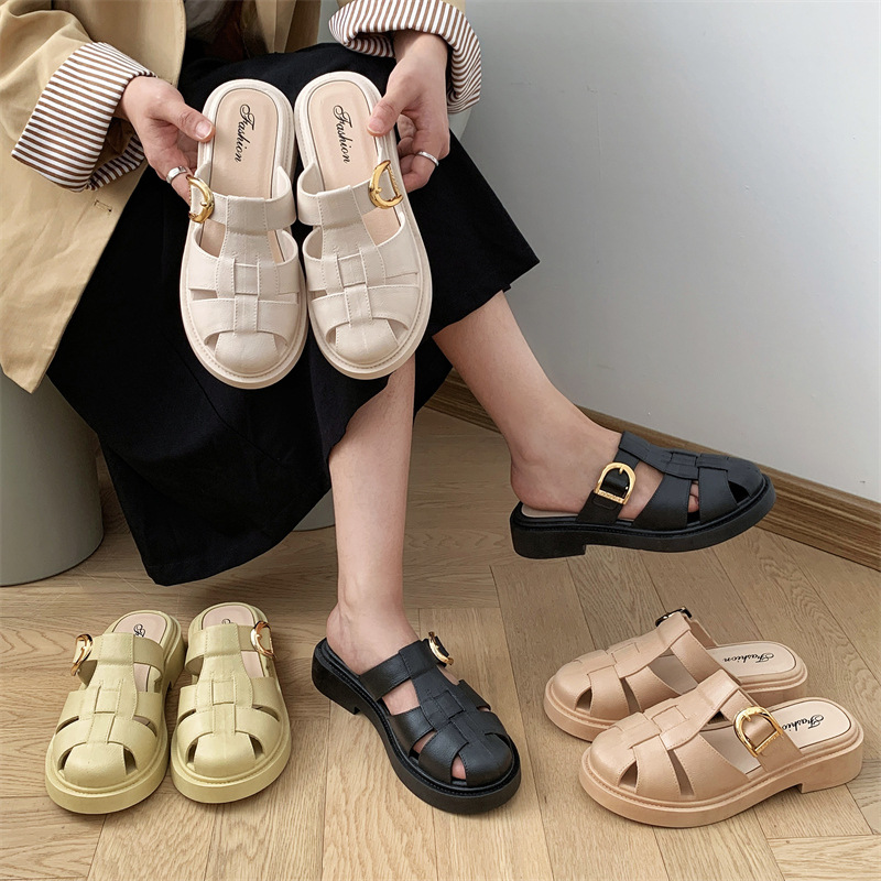 Beach fashionable solid color casual women's slippers flat platform