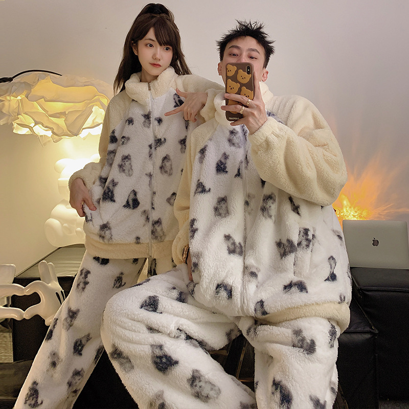 Couple Coral Velvet Pajamas for Men and Women, Autumn and Winter Home Clothes, Dual-Purpose Collar Fleece-Lined Thickeneded Cardigan, Student Casual Outer Wear