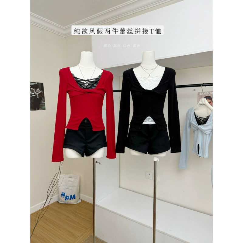 纯欲风假两件蕾丝拼接长袖T恤女秋冬新款性感修身辣妹绝美短上衣