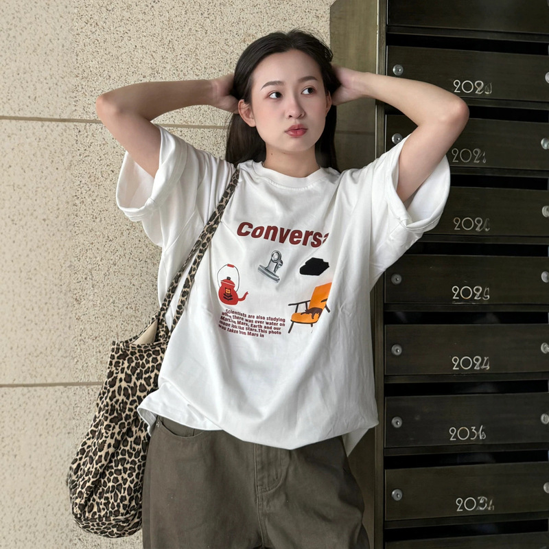 2026 new niche design pure cotton short-sleeve t-shirt for women, loose fit, printed white, round neck, trendy base shirt