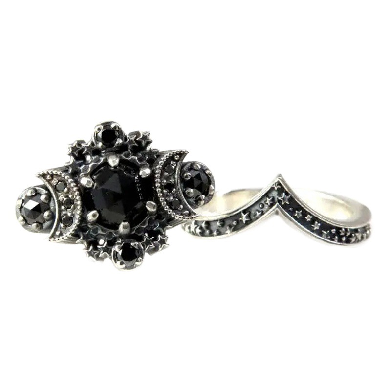 Chino cross-border gothic universe moon engagement ring suit moon and star black ring jewelry