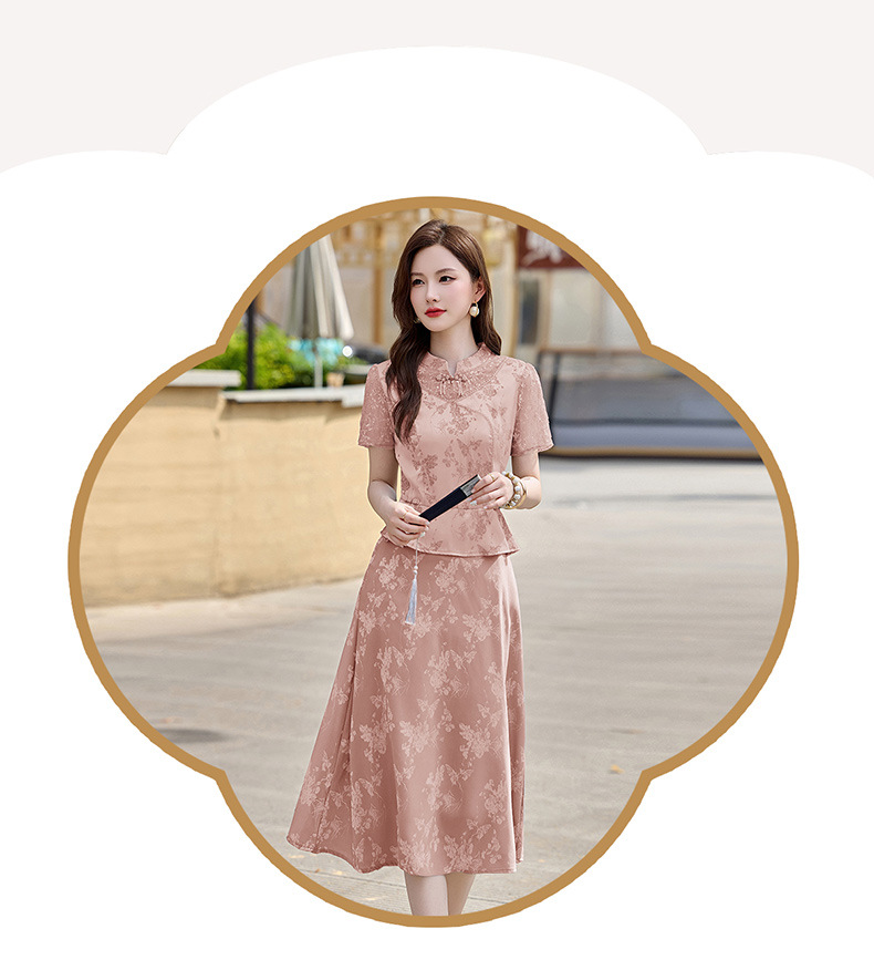 Đầm maxi nữ tân cổ điển cổ đứng đính hạt cườm, phối ren, họa tiết jacquard, thiết kế giả hai lớp LX2625 — xanh lam, Màu hồng chi tiết 3