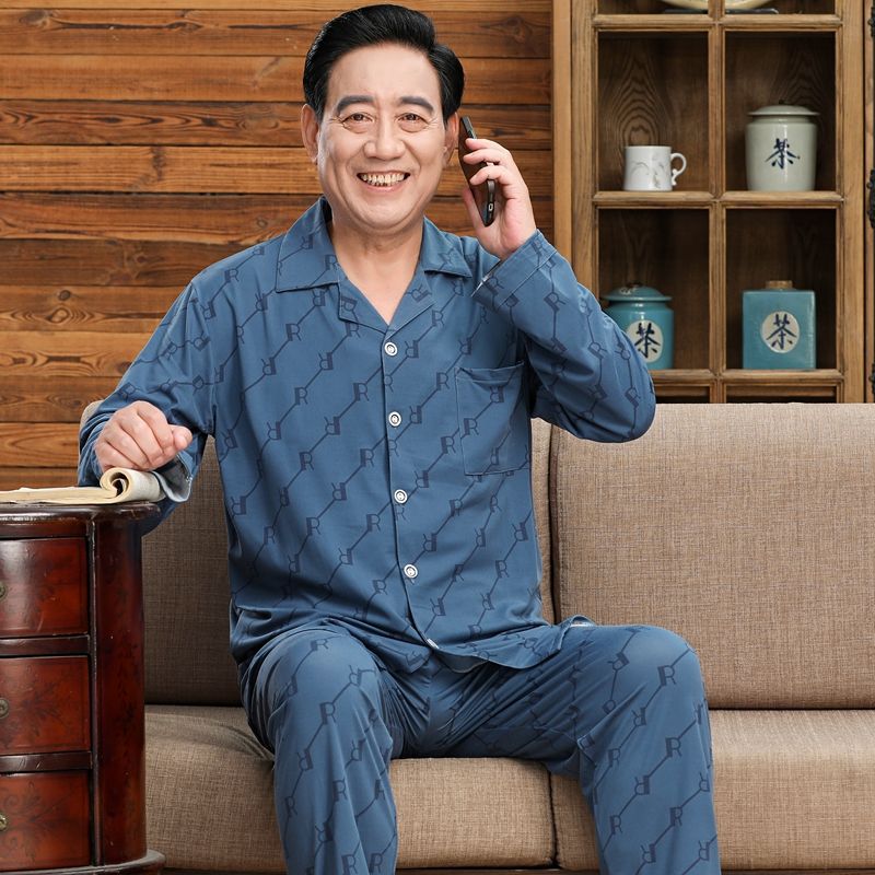 Pijamas de mediana edad y ancianos hombres 100% algodón primavera y otoño manga larga otoño e invierno más tamaño viejo papá traje de uso doméstico