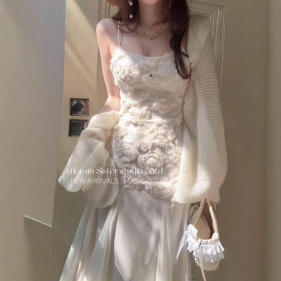 Flora Flower Dress French High-grade Three-dimensional Flower Lace Stitching Sling dress