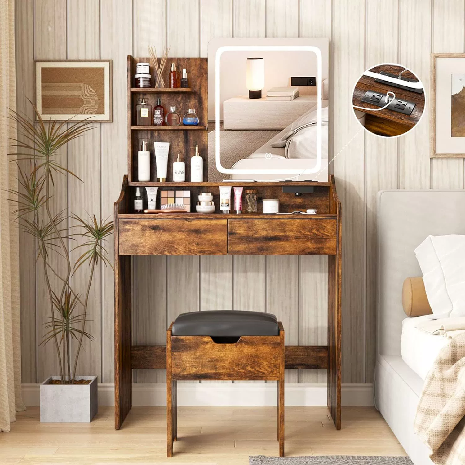 Туалетный столик со светодиодной подсветкой, зеркалом и зарядной станцией, с 4 полками для хранения и 2 ящиками, женский туалетный столик