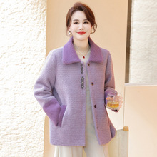 妈妈装秋冬款洋气翻领仿水貂绒短款外套中老年休闲大码女装开衫