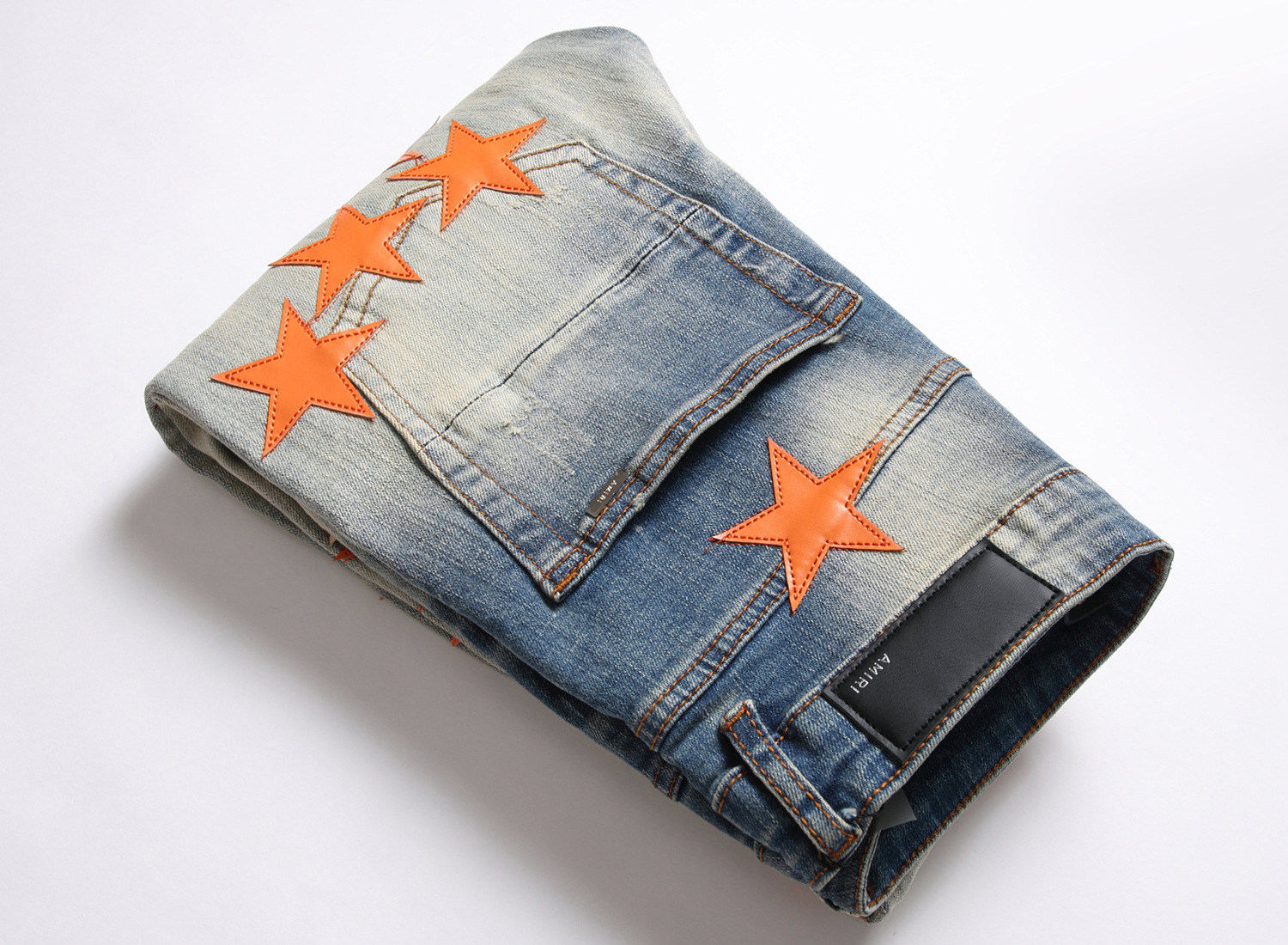 High Street New Broken Orange Star Patch Fashion Slim Fit Small Foot Full Sky Star Jeans Élastiques Mode Homme_voghion.com