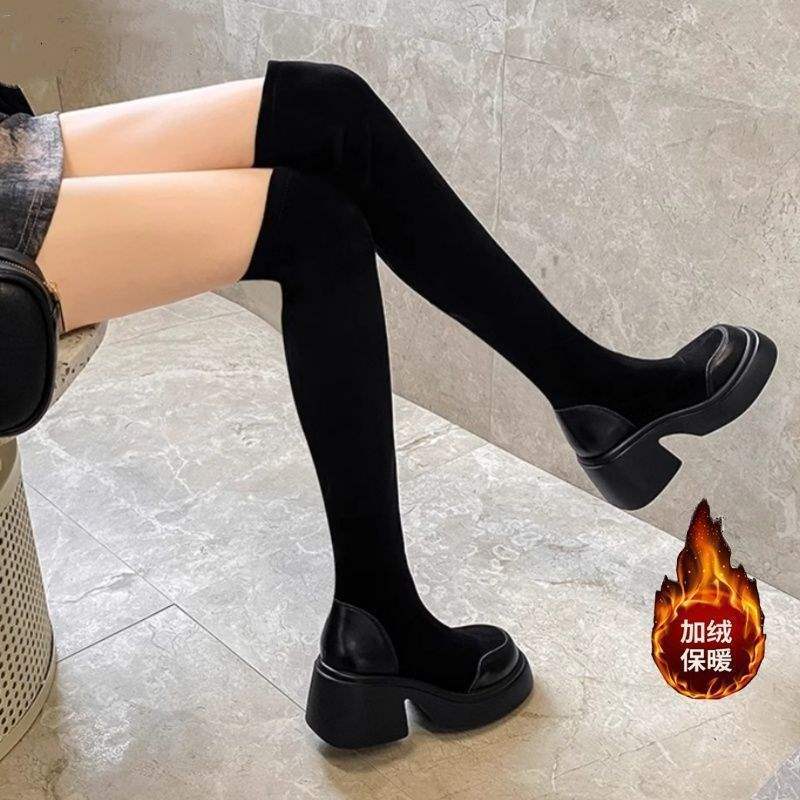 Over-The-Knee Boots for Women, Slimming Look, Thick-Soled Boots for Fat Mm, European and American Fashion High-Heeled Boots, Elastic Slim Boots