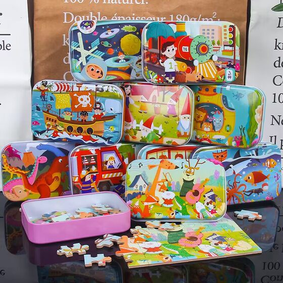 60 pieces iron box puzzle children's educational kindergarten early education cartoon wooden puzzle toy factory wholesale