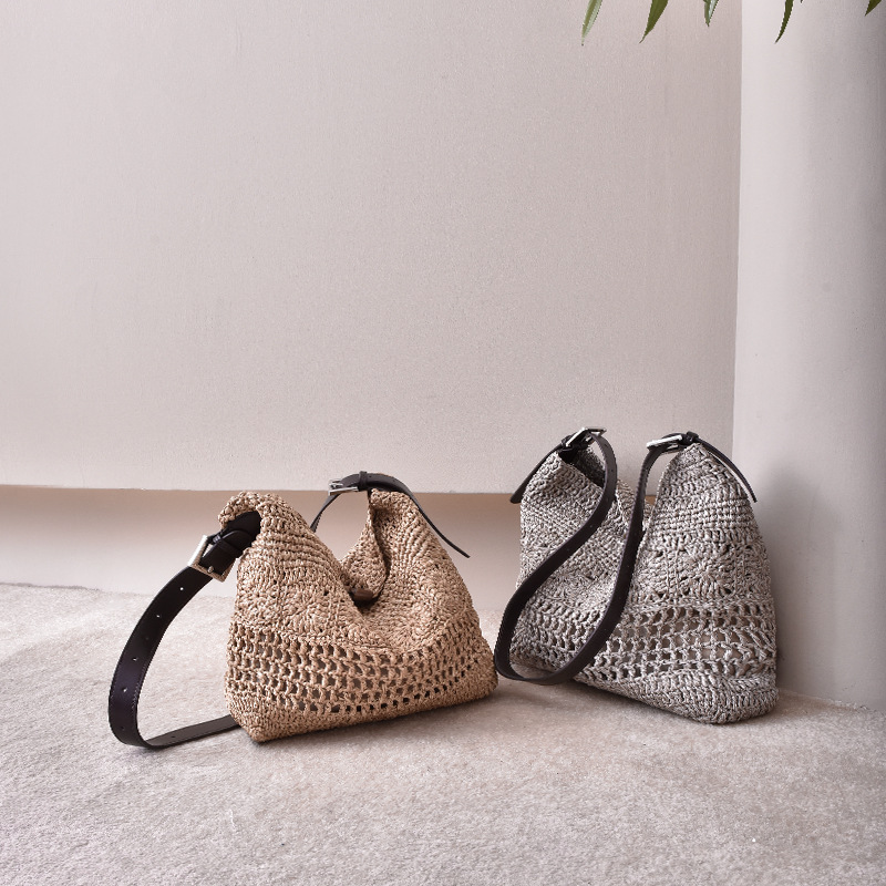 Handmade Crochet Raffia Woven Large Leather Bag 2026 New Women's Tote Bag Vacation Style Beach Straw Bag - Thumbnail 2