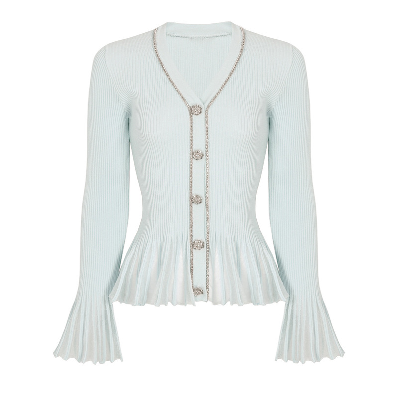 26281 In-stock, high-quality, new autumn fashion, stretchy knit V-neck, rhinestone-studded, flared, sheer long-sleeve women's cardigan 26281 In-stock, high-quality, new autumn fashion, stretchy knit V-neck, rhinestone-studded, flared, sheer long-sleeve women's cardigan