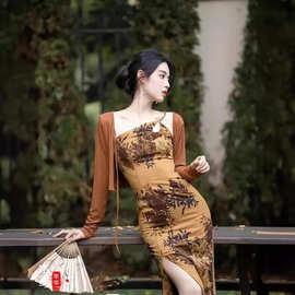 新中式国风吊带旗袍套装女春夏复古两件套辣妹小众设计修身连衣裙