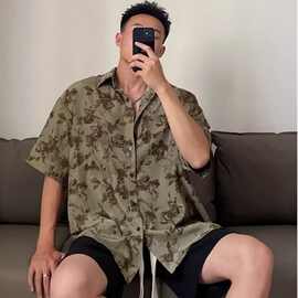夏威夷撞色短袖衬衫ins8XL尺码夏季款宽松衬衣痞帅加大码胖子上衣