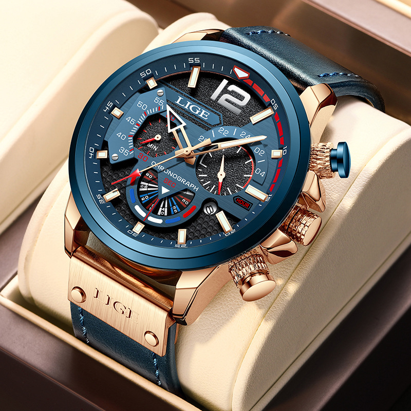 LIGE 8959 nuevo cinturón de seis pines calendario personalidad dial luminoso aguja multifuncional transfronteriza reloj de hombre