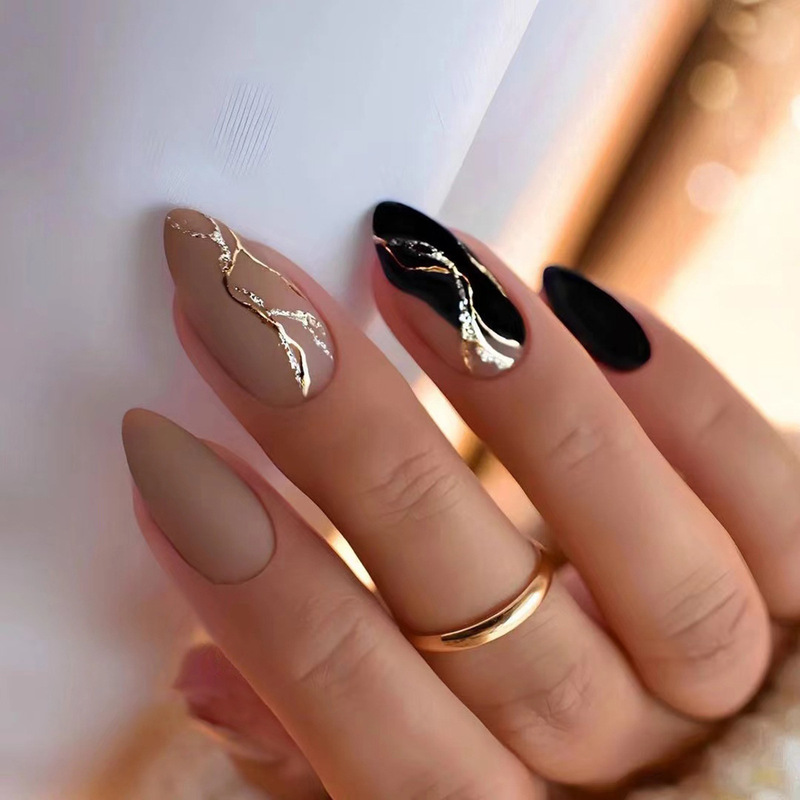 Yiwu Nail Art False Nails Cross-Border Rose Gold Wearable Nails Nail Patches Almond Solid Color Nail Pieces Wholesale