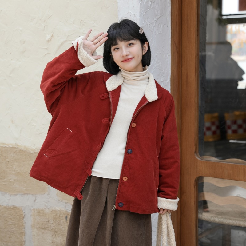 Actual Shot Of Winter Corduroy Japanese Retro Plush Lapel Thickened Design Cotton Coat For Women