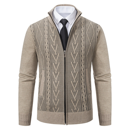 2025 Men's Autumn/Winter Stand Collar Knit Sweater with Embroidery, Outerwear Men's Thick Warm Casual Knit Shirt Trend