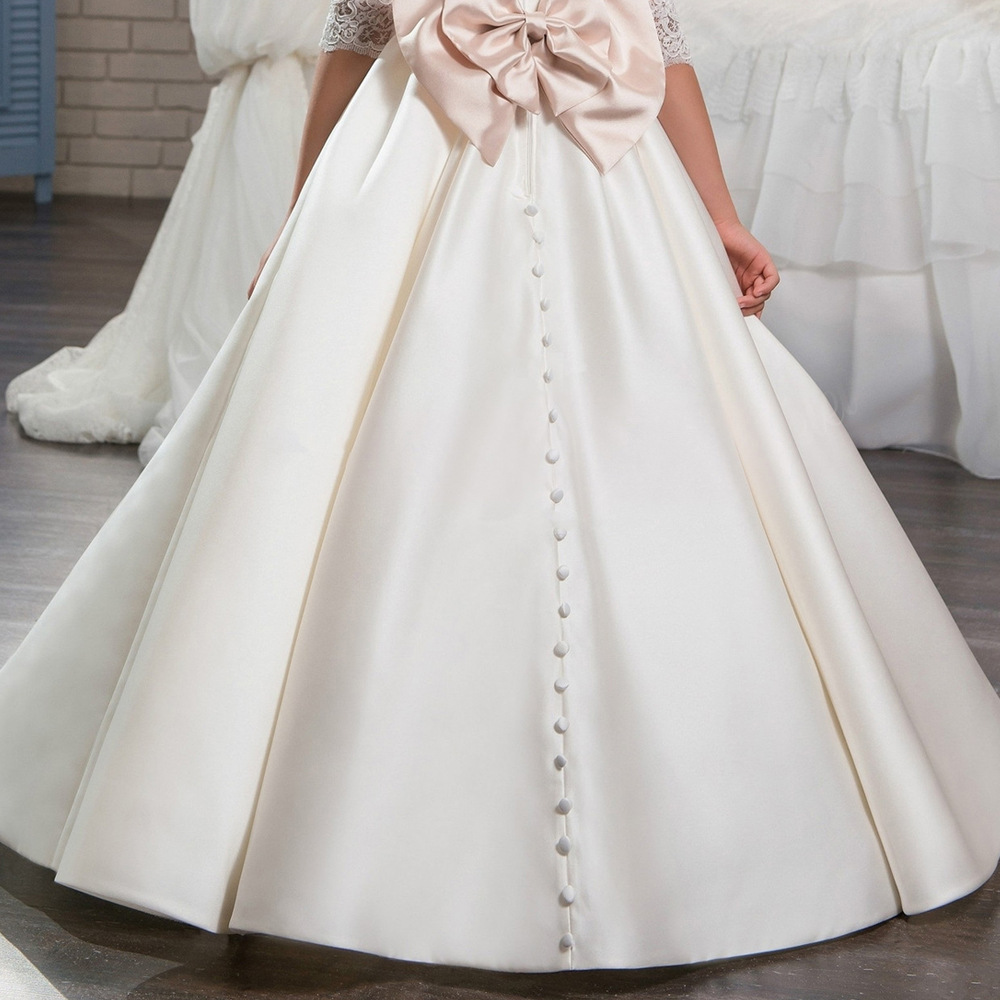 Nueva frontera europea y americana retro satén flor niña vestido de novia diamante encaje arco encaje largo pettiskirt