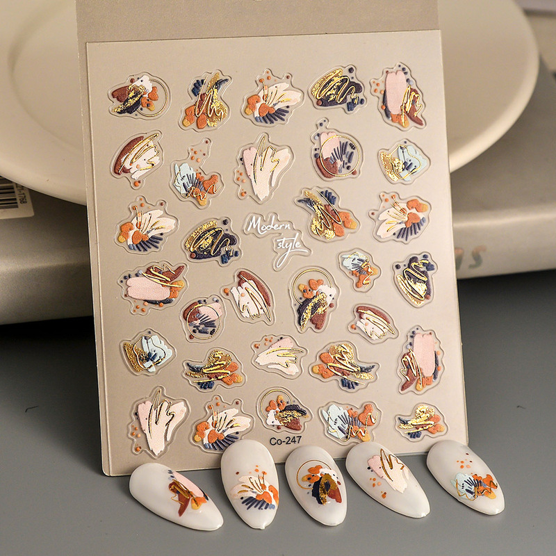 temu cross-border European and American style gilded nail art sticker 5d three-dimensional oil painting advanced sense color block nail sticker self-adhesive