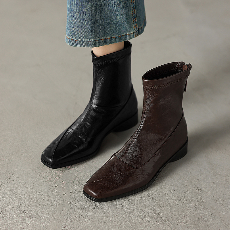 Sheepskin Short Boots for Women 2025 Autumn and Winter New Style Genuine Leather Elegant Square Toe Soft Sole Comfortable Flats Slim Boots for Women Sheepskin Short Boots for Women 2025 Autumn and Winter New Style Genuine Leather Elegant Square Toe Soft Sole Comfortable Flats Slim Boots for Women
