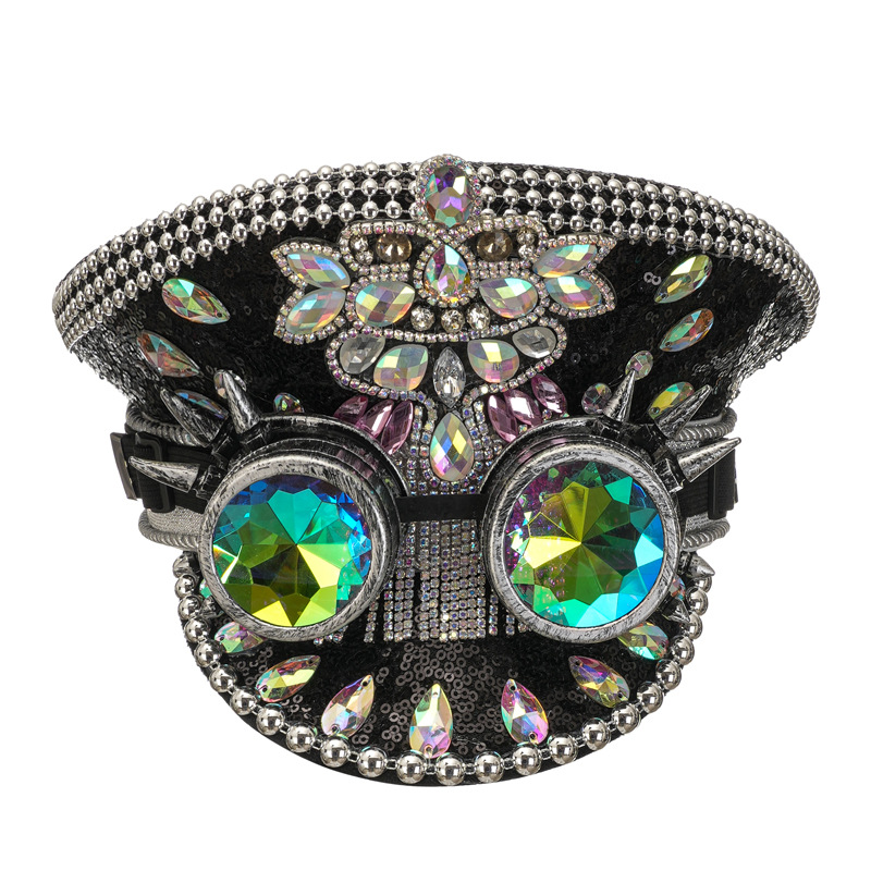 Gorra de lentejuelas con remaches y pedrería acrílica, estilo festival, ideal para eventos de música o fiestas
