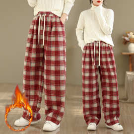 实拍 加绒加厚格子裤女慵懒宽松高个子秋冬毛呢阔腿裤
