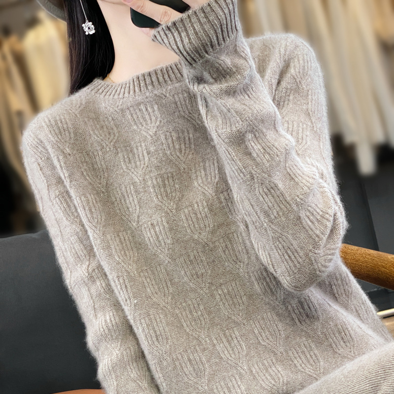 2025秋冬新款套头毛衣洋气宽松树叶图案针织衫女圆领加厚打底衫冬|undefined