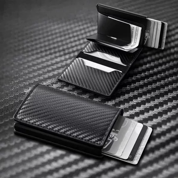 Cross-border new men's wallet ultra-thin carbon fiber RFID card bag automatic elastic card aluminum alloy card bag wallet