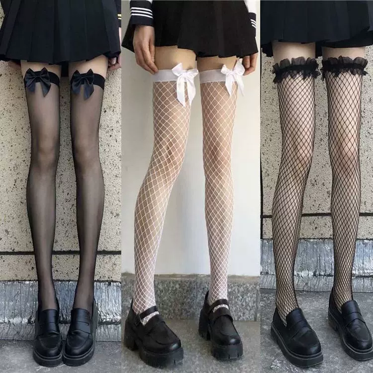 白丝袜女蕾丝花边渔网丝袜lolita长筒过膝夏季薄款jk袜子白色