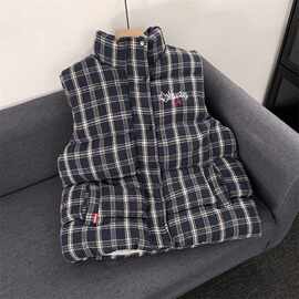 美式格纹无袖马甲棉服宽松秋冬新款男女复古叠穿外套上衣潮
