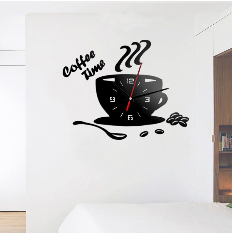 New 3D mirror clock coffee shop coffee bean art wall clock DIY living room room decorations