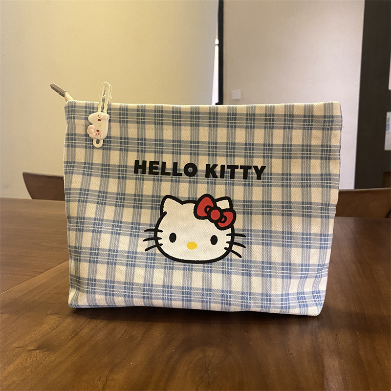 New Blue Plaid Kitty Cat Clutch Bag, High-Looking Travel Versatile Large-Capacity Canvas Makeup Cosmetics Bag