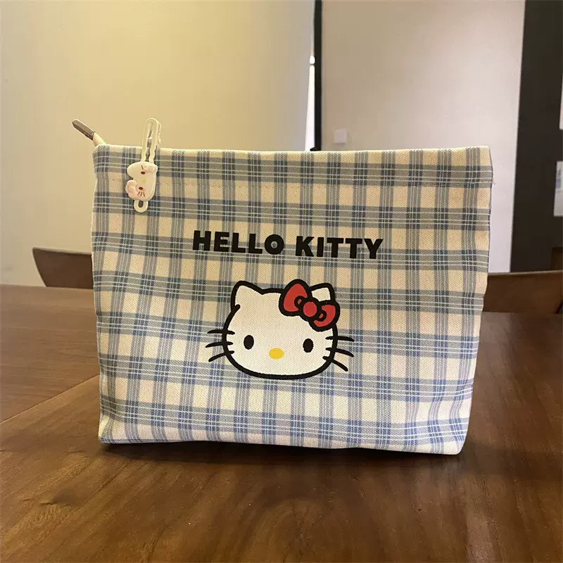 新款蓝色格子kitty猫手拿包高颜值旅行百搭大容量帆布化妆收纳包