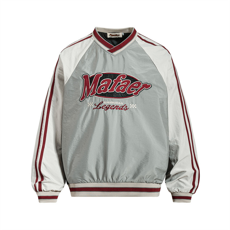 Contrast Color Raglan Sleeve Biker Style V-Neck Sweatshirt Jacket for Men, Spring and Autumn Style, Ins Trendy Patch Embroidery Letter Sweatshirt