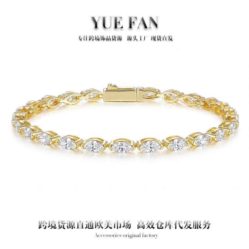 Cross-border European and American bestseller 925 sterling silver 3*6mm egg-shaped full moissanite tennis bracelet for women, ins retro light luxury new Cross-border European and American bestseller 925 sterling silver 3*6mm egg-shaped full moissanite tennis bracelet for women, ins retro light luxury new