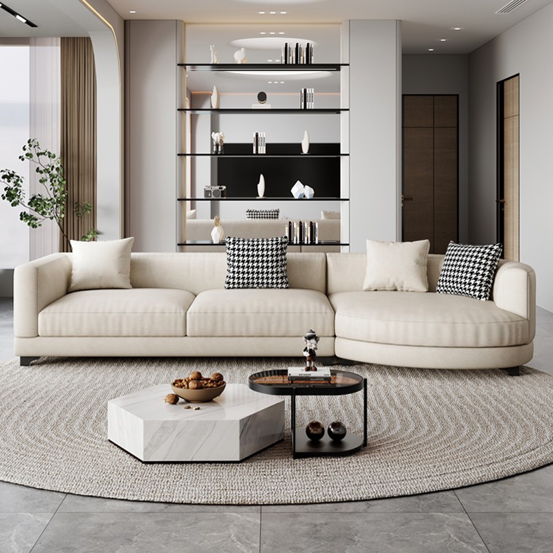 Sofá de tela de diseño sala de estar pequeño apartamento fila recta Luz de lujo moderno simple estilo crema esmerilado sofá de arco circular