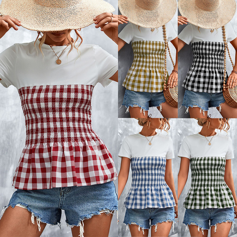 European and American women's clothing 2022 spring and summer new eBay Amazon hot sale classic plaid fake two-piece patchwork top