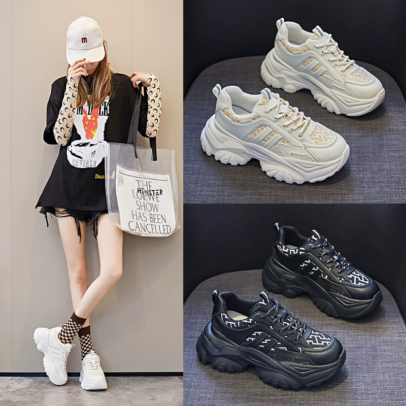 Женские туфли из натуральной кожи на толстой подошве, кроссовки в стиле «dad shoes» 8cm для женщин, дышащие сетчатые, трендовые, цельные, оптом, на толстой подошве, увеличивающие рост