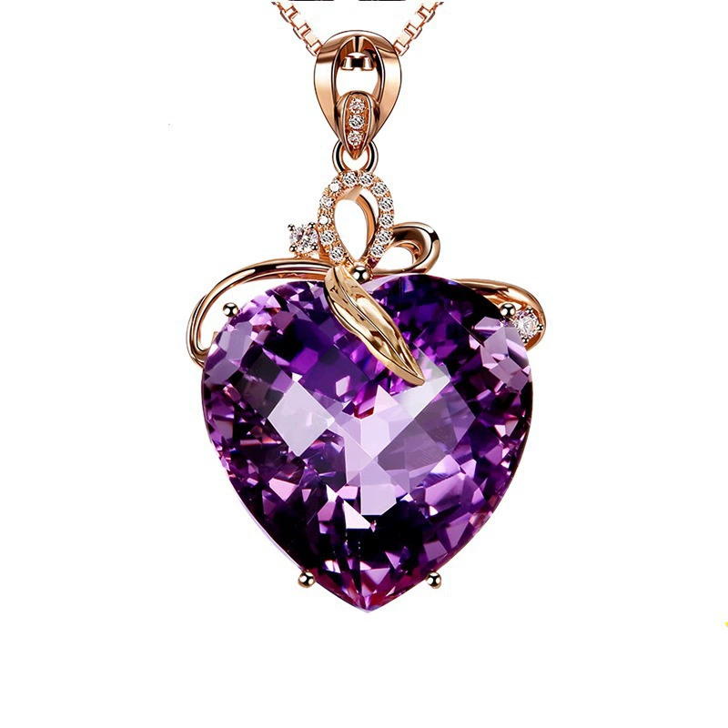 Crystal pendant heart shaped with amethyst, synthesized necklace, 750 sample gold, with gem