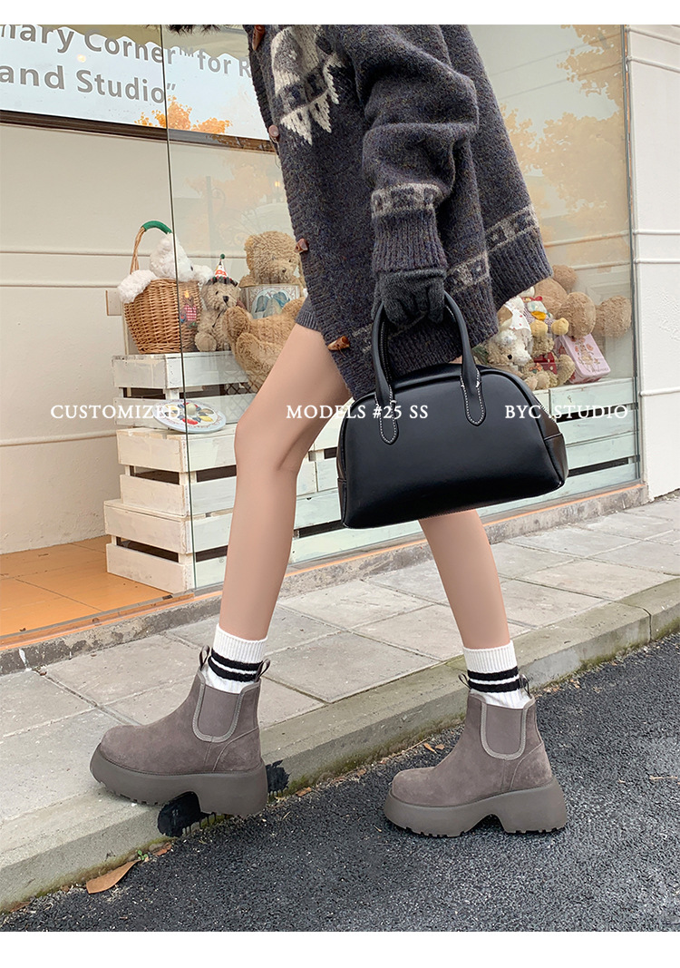 Boot Chelsea nữ da dê lót lông cừu đế dày platform ấm mùa đông — màu đen chi tiết 11