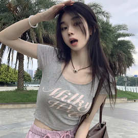 棉拼接短袖显瘦短款上衣纯欲修身露脐t恤夏季字母辣妹印 花蕾丝