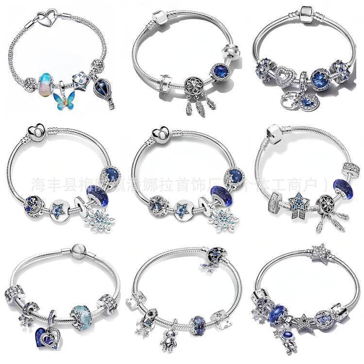 Original Panjia White Copper Silver Plated New Blue Diamond Full Diamond Rose Gold Crown Base Bracelet suit DIY Beaded