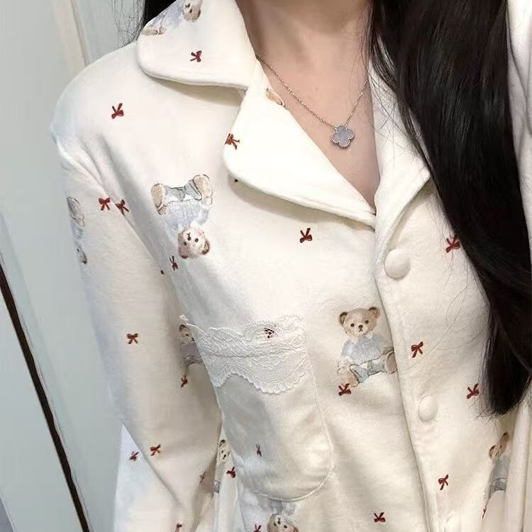 Yase [Good Dream Bear] Autumn and Winter Island Velvet Pajamas Women's Warm, Plaid, Sweet and Cute Girls Casual Suit