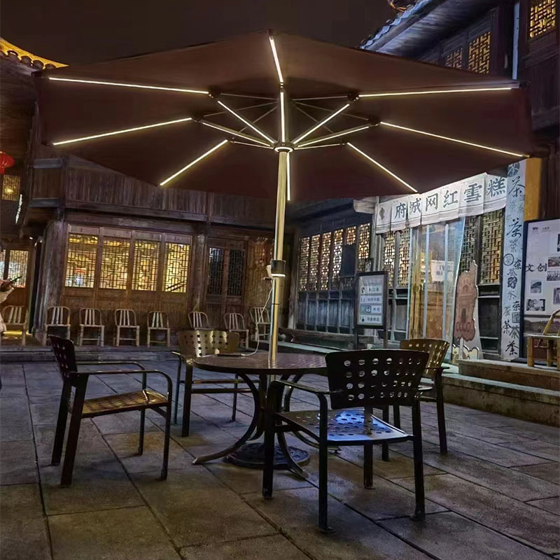 户外庭院伞阳台中柱伞圆形LED灯条太阳能遮阳伞室外桌椅伞摆摊伞-阿里巴巴
