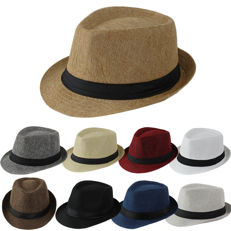 Cross-border Jazz Hat British Linen Solid Color Hat Ribbon Men's and Women's Curl Small Hat Sunshade Hat Amazon Logo