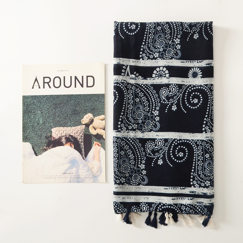 Estilo étnico retro anacardo flor decorativa borla larga bufanda playa protector solar Toalla de playa algodón y lino las mujeres sienten chal