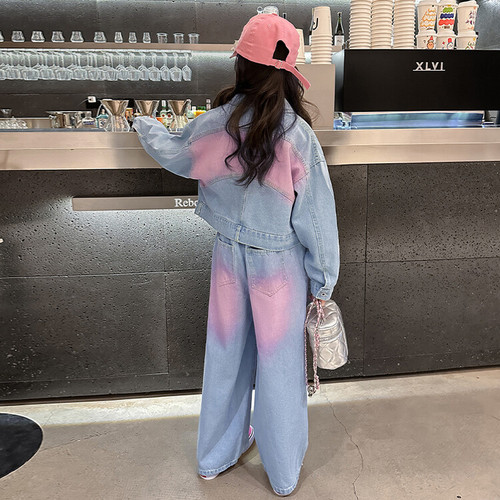 Girls' Little Fragrance Suit 2024 Spring Outfits Older Children's Dopamine Jacket Wide Leg Pants Two-piece Denim Suit Trendy