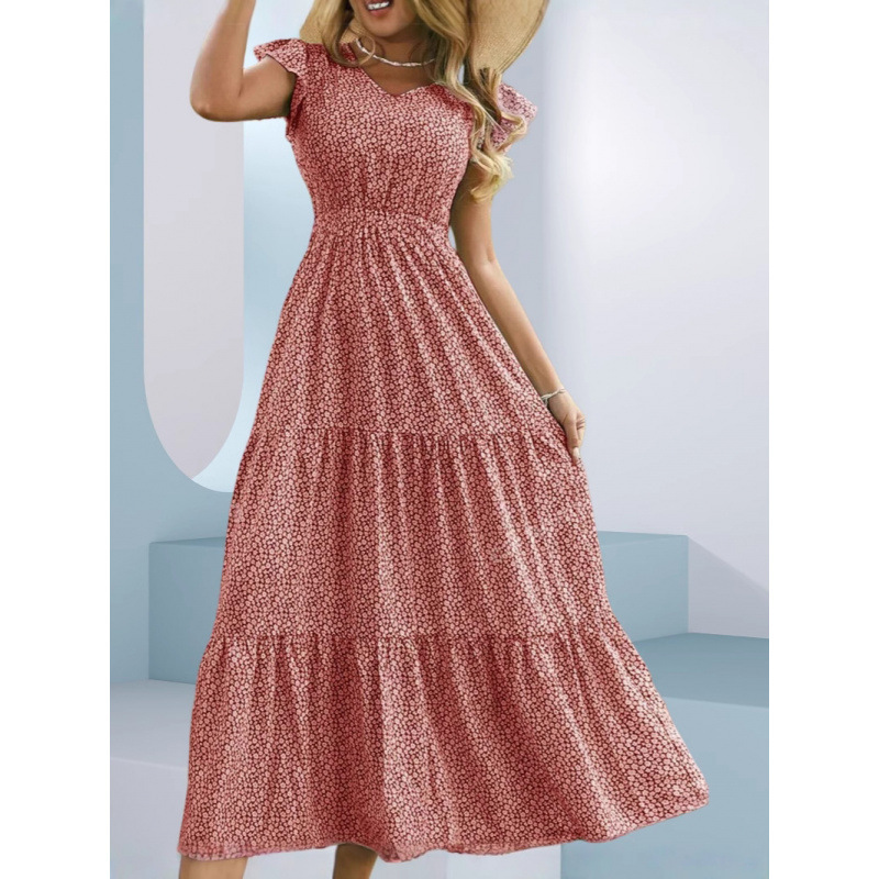 2025 Cross-Border Women's Long Dress Amazon Hot-Selling V-Neck High-Waist Layered Short-Sleeve Floral Dress for Petite Sizes